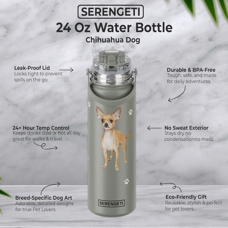 ES Pets SERENGETI 24 Oz Water Bottle Stainless Steel with Spill Proof Lid - Double walled Vacuum Insulated water flask - Realistic 3D Print of your favorite dog (Chihuahua tan) - Image 2